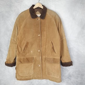 Vintage Leather Suede Barn Coat Jacket Womens Medium Brown Corduroy Collar - Picture 1 of 24