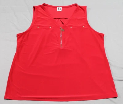 Anne Klein Tank Top Woman Medium Red 1/4 Gold Zipper Pockets V Neck Stretch READ - Image 1 of 4