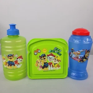 Paw Patrol Lot Of 2 Drink Bottles And 1 Food Snack Container - Green, Blue, Red - Picture 1 of 12