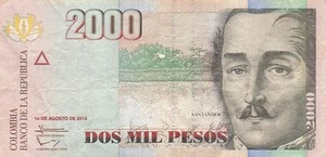 Colombia 2000 Pesos 1.8.2014 P 457aa Circulated Banknote JH 14 - Foto 1 di 2