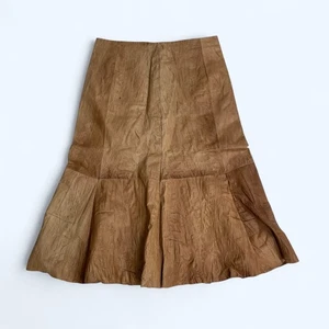 100% Genuine Goat Skin Leather Brown Midi Skirt UK 12 US 8 Thin & Lined - Picture 1 of 15