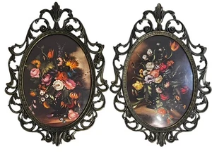 VINTAGE Italienische Wanddeko Metallrahmen Blumenstillleben 2er Set Mid Century - Bild 1 von 10