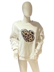 White Sweatshirt XL Leopard Print Double Heart Graphic Pullover Cozy Top Casual - Picture 1 of 8