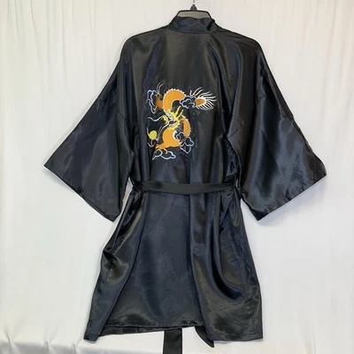ESME Uomo XL Nero Raso Kimono Cinese Drago Ricamato Cintura - Immagine 1 di 4