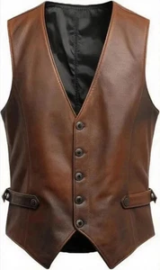 Mens Genuine Western Vest Brown Vintage Lambskin Distressed Leather Vest For Men - Picture 1 of 4