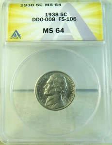 1938 Jefferson nickel ANACS MS64 *FS 106 DDO-008* BR - Picture 1 of 3