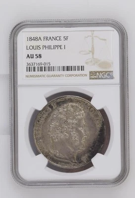 1848 A FRANCE Silver 5 FRANCS NGC AU-58 LOUIS PHILIPPE I - Image 1 of 2