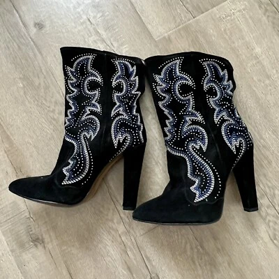 Zara Basic España Azul Plata Bordado Gamuza Cuero Negro Tacón Botas Talla 36 Foto 1 de 4