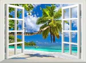 Beach 3D Fake Window Wall Sticker Decal Peel and Stick Poster Vinyl Mural Art - Imagen 1 de 5