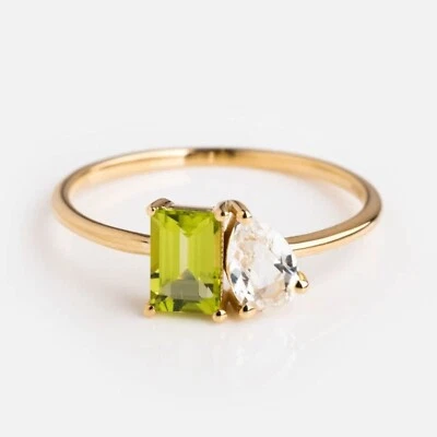 925 Sterling Silver 8x6 mm Emerald Cut Natural Peridot Ring Cz Diamond Ring Gift - Image 1 of 4