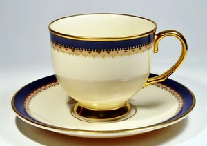 Jefferson by Lenox Footed Cup & Saucer Set Ivory, Dark Cobalt Blue, Gold & Red - Picture 1 of 6