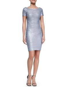 Herve Leger Carmen Bandagen Kleid Grau Metallic Folie Stretch Strick Bodycon M - Bild 1 von 22