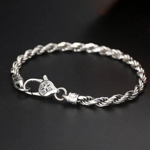 Real S925 Sterling Silver Chain 4mm Lucky Twist Rope Link Bracelet 6.7-8.3inch - Picture 1 of 7