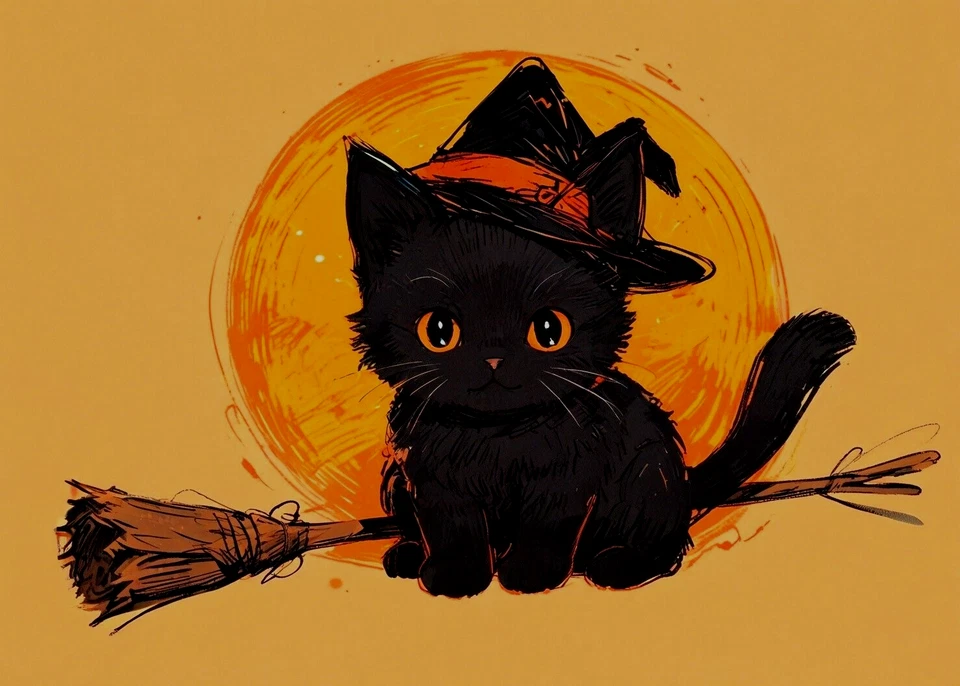 ACEO Mini *Impresión de Arte* Gato Negro Bebé Gatito Halloween Sombrero y Escoba por Saulite Foto 1 de 1