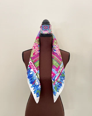 Unisex Louis Vuitton Bufanda Cuadrada Monograma Paraíso Rosa Flores Azul Envoltura Foto 1 de 4