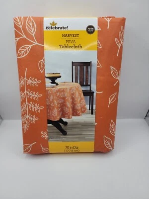 Celebrate! Harvest PEVA 70" Round Tablecloth Orange W White Linework Fall Leaves - Image 1 of 3