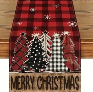 Frohe Weihnachten Tischläufer rot Büffel kariert Weihnachtsbaum Design mehrere Größen - Bild 1 von 8