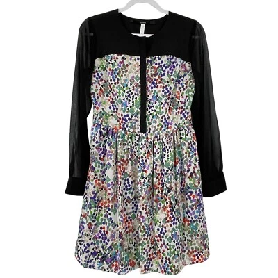 Kensie Fit Flare Sheer Chiffon Long Sleeve Black Yoke Button Cuff Dress Small - Image 1 of 4