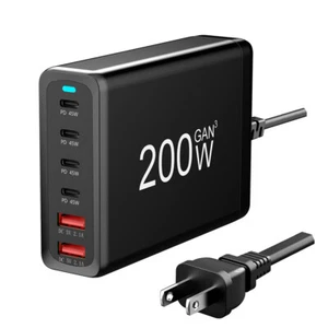 Caricabatteria da parete ricarica rapida 200W GaN 6 porte USB C PD 45W per MacBook iPhone Ipad〧* - Foto 1 di 10