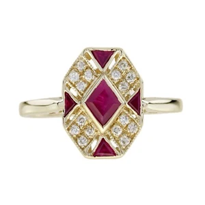 9K Yellow Gold Natural Rhombus Ruby Diamond Art Deco Style Ring  - Picture 1 of 11