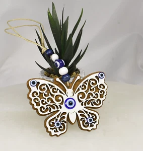 White Evil Eye Butterfly Greek Turkish Laser Cut Wood Wall Hanging Decor Amulet - Picture 1 of 5