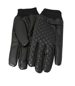 Mens Leather PU Look Patch Work Diamond Detail Faux Fur Lined Driving Gloves Med