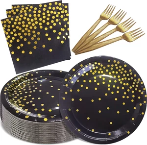 Serves 35 Guests Black and Gold Plates and Napkins Party Supplies,7" Black Paper - Picture 1 of 7