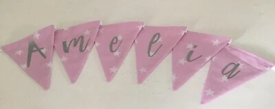 PERSONALISED NAME FABRIC BUNTING BABY GIRLS NURSERY PINK STARS - PRICE PER FLAG