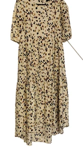 MinkPink Dress Womens Small Cream Black Tan Waterfall Hem Floral Short Sleeve S - Picture 1 of 14