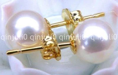 NATURAL 9.5-10MM GRADE PERFECT ROUND WHITE AKOYA PEARLS GOLD STUD EARRINGS 14K  - image 1 of 4