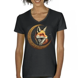 Camiseta para mujer Celtic Moon Fox cuello en V North Mystic Forest Animal camiseta nórdica - Imagen 1 de 71