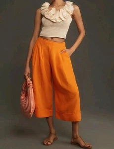 Maeve Anthropologie Linen Blend Pleat-Front Wide-Leg Culottes Pants Orange Sz 8 - Picture 1 of 19
