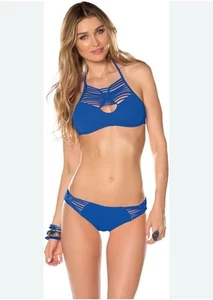 Becca by Rebecca Virtue Electric Blue Woven High Neck Bikini 2Pc Set Macrame S - Picture 1 of 14