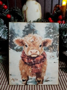 PRIMITIVE FARM HOME VINTAGE STYLE CHRISTMAS SCOTTISH HIGHLAND COW WOODEN SIGN - Picture 1 of 11