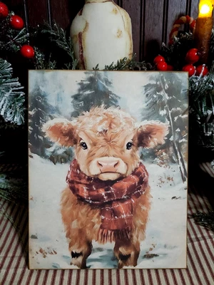PRIMITIVE FARM HOME VINTAGE STYLE CHRISTMAS SCOTTISH HIGHLAND COW WOODEN SIGN - Image 1 of 4