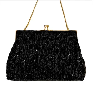 60s Vintage Black Bag Beaded Handbag Evening Purse Clutch Rockabilly Preloved - Picture 1 of 8