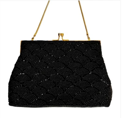 Bolso negro vintage de los años 60 con cuentas bolso de mano cartera de noche bolso sin asas Rockabilly Preloved Foto 1 de 4