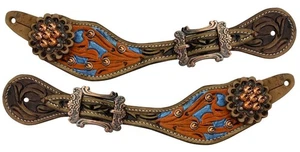 Showman Ladies Hand Painted Floral Stamped Leather Spur Straps - Picture 1 of 1