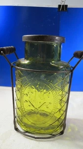 Glass With Metal Frame Flower Stem or Straw Holder Wood Handles MOSS GREEN 7.5" - Picture 1 of 9