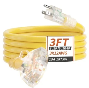 3 FT 12/3 Gauge Outdoor Extension Cord with Multiple Outlets Light Indicator,... - Picture 1 of 1