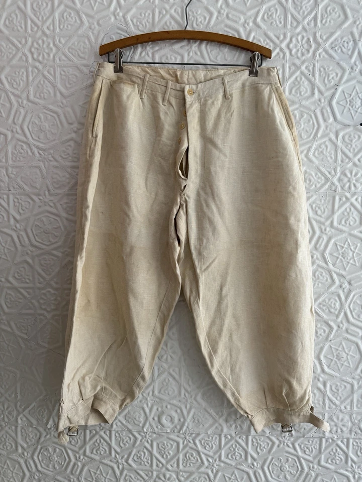 "Pantalones antiguos de lino-bragas-globo-pantalones de montar-34"" cintura-años 20-botón mosca-" Foto 1 de 4