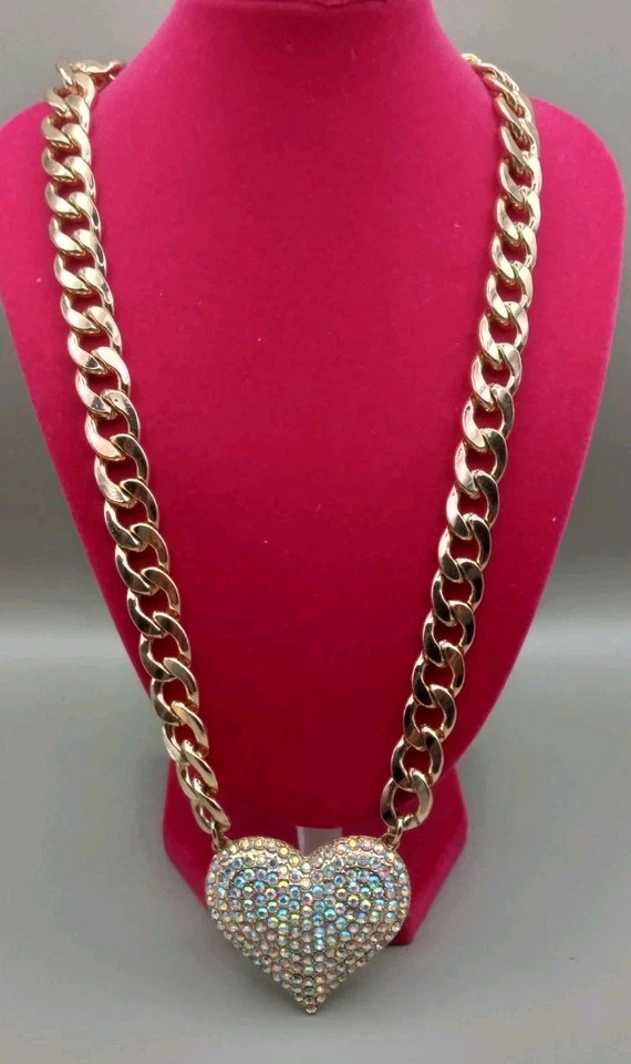 Natasha Couture Gold Tone Link Chain W/ Big Heart Pendant Rhinestones - Image 1 of 4