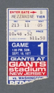 9/18/77 • Washington Redskins vs New York Giants • NFL Ticket Stub - Picture 1 of 2