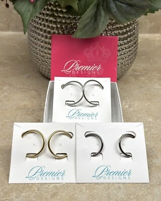 Premier Designs AT ATTENTION Clip-On Hoop Earrings Rhodium Hematite Gold HTF NEW - Image 1 of 4