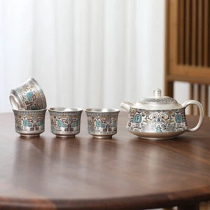 Ceramic Sterling Silver Tea Pot Handle Matching Tea Cup Chinese Kungfu Tea Set - Picture 1 of 15