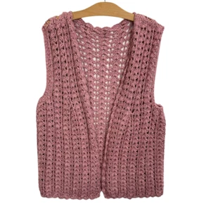 Vintage Pink Crochet Loose Knit Granny Vest Dusty Muted Pink Scallop Hem One Sz - Picture 1 of 7