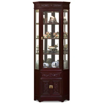 US SELLER - Dark Cherry Rosewood Dragon Oriental Corner Display Cabinet - Image 1 of 3