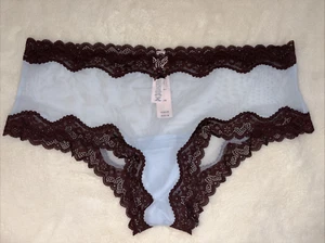 Victoria's Secret Panties Cheeky Panty Tease Mesh Lace Trim Pastel Blue Brown XL - Picture 1 of 6
