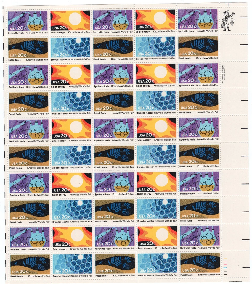 Scott #2006-2009a Knoxville World Fair Sheet of 50 Stamps - MNH LR Syn Fuels 1st - Image 1 of 1