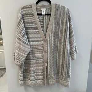 Pure J. Jill Striped Knitted Cardigan Women Size 1x Gray Stripe Buttons sweater - Picture 1 of 6